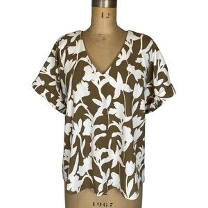 Melloday Taupe/White Floral/Foliage Short Sleeve Blouse Size XL